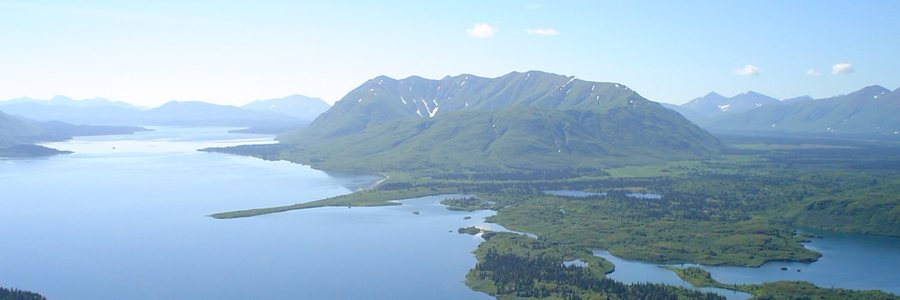A lake and mountains seen from above